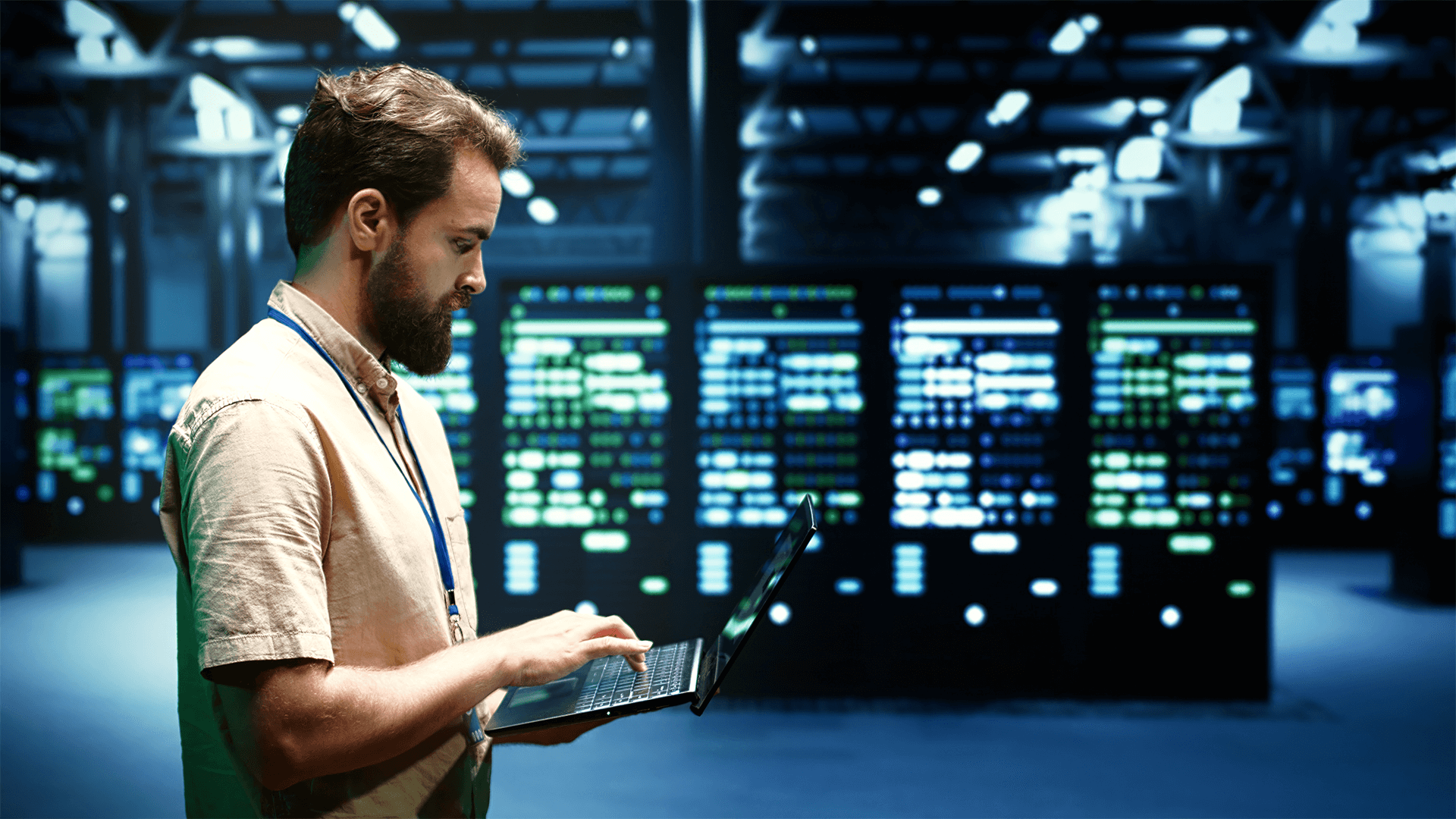 person checking systems on laptop while standing next to data center server racks